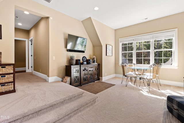 bedroom with light carpet