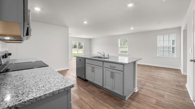 kitchen featuring hardwood / wood-style floors, plenty of natural light, a kitchen island with sink, and stainless steel dishwasher