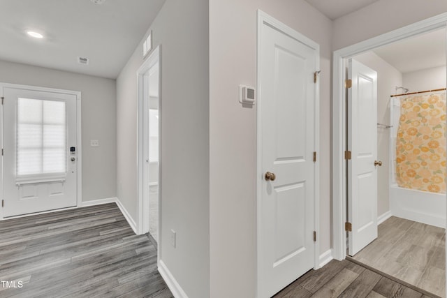 entryway with wood-type flooring