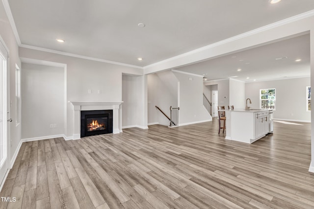 unfurnished living room with sink, crown molding, and light hardwood / wood-style flooring