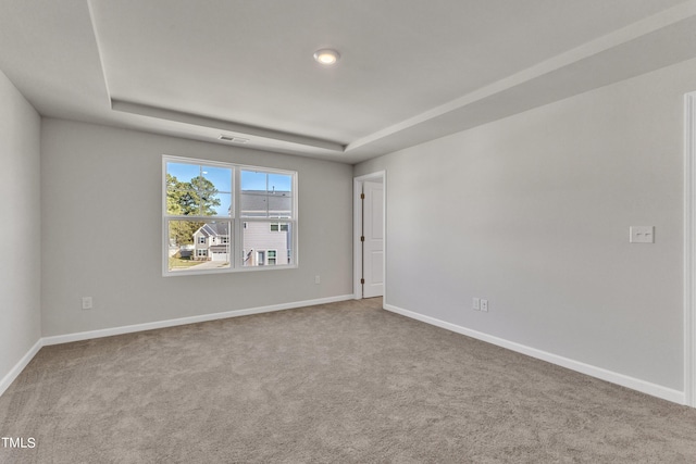 carpeted spare room featuring a raised ceiling