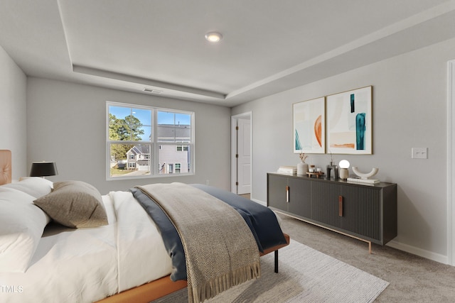 carpeted bedroom featuring a raised ceiling