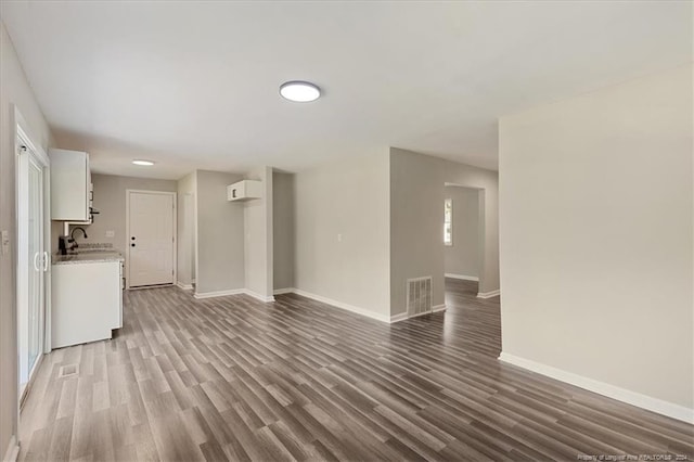 unfurnished living room featuring wood-type flooring and sink