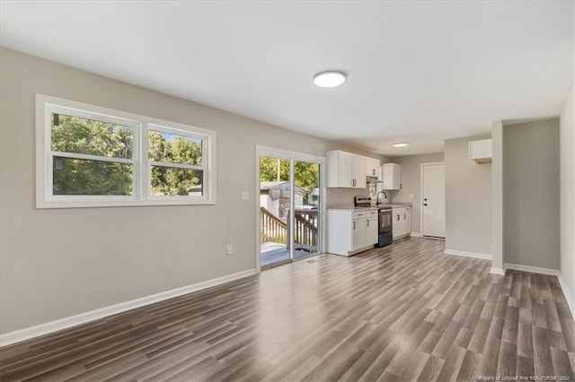 unfurnished living room with wood-type flooring and sink