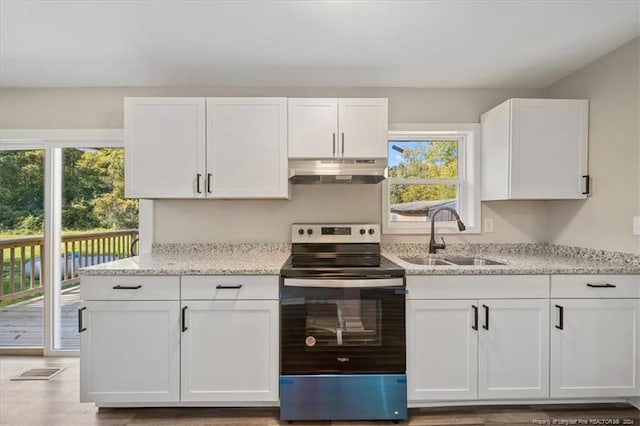 kitchen with light hardwood / wood-style floors, stainless steel electric range oven, sink, and white cabinetry