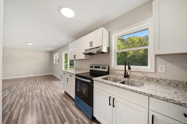 kitchen with light stone counters, sink, white cabinetry, stainless steel electric stove, and light wood-type flooring