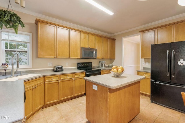 65 Applegate Dr, Franklinton, NC 27525 - kitchen with ornamental molding, a center island, light countertops, a sink, and black appliances