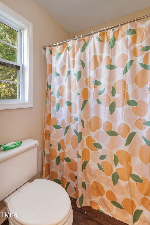 bathroom with toilet, curtained shower, and wood-type flooring