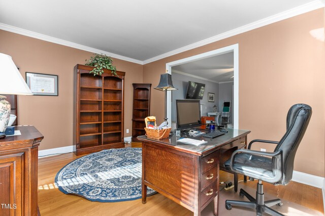 office space with light hardwood / wood-style flooring and crown molding