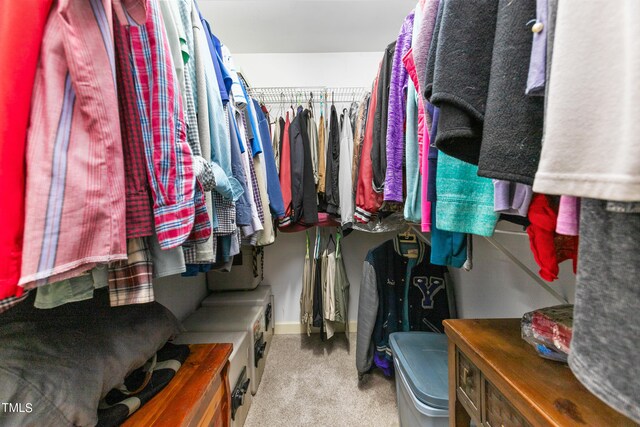 walk in closet featuring light carpet