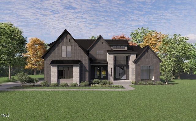 view of front of home with a front lawn and stone siding