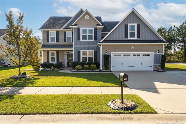 craftsman-style house with a front lawn and a garage