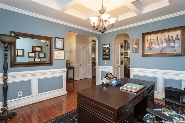 home office with dark hardwood / wood-style floors, crown molding, coffered ceiling, and beam ceiling