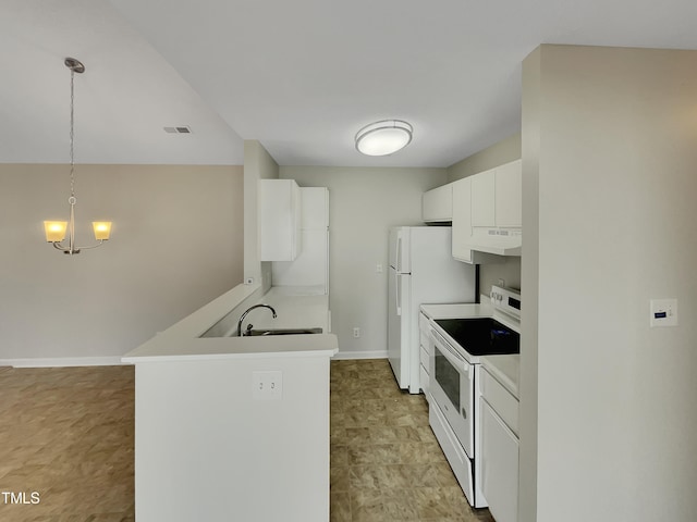 kitchen featuring ventilation hood, white appliances, sink, white cabinetry, and decorative light fixtures