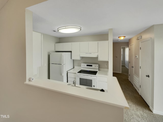 kitchen featuring kitchen peninsula, light carpet, white appliances, and white cabinetry