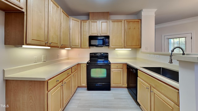 kitchen featuring ornamental molding, light brown cabinets, sink, and black appliances