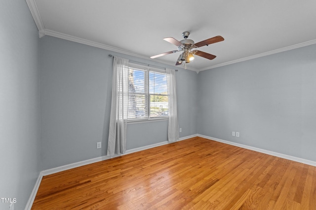 unfurnished room with ceiling fan, ornamental molding, and light hardwood / wood-style floors