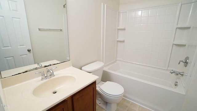 bathroom featuring vanity, tub / shower combination, and toilet