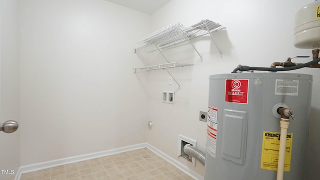 washroom with hookup for an electric dryer, water heater, and hookup for a washing machine