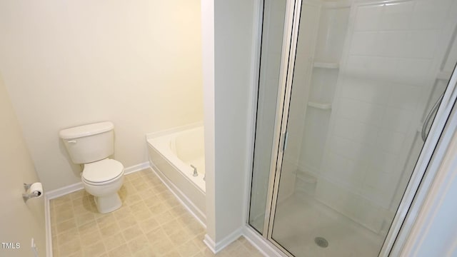 bathroom with a bath, baseboards, toilet, and a stall shower