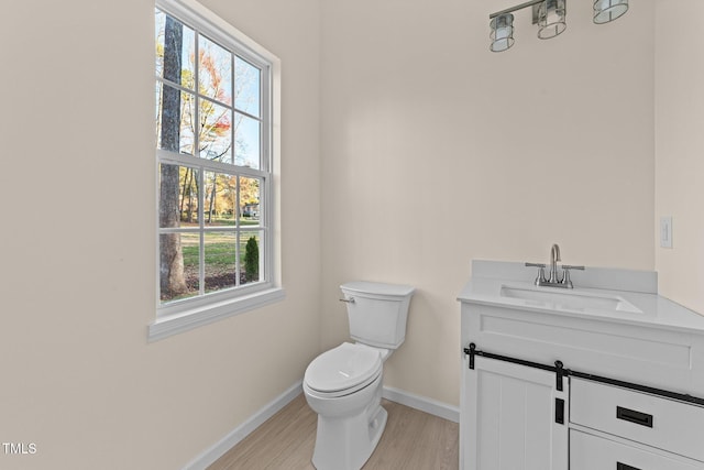 bathroom with vanity, hardwood / wood-style flooring, and toilet