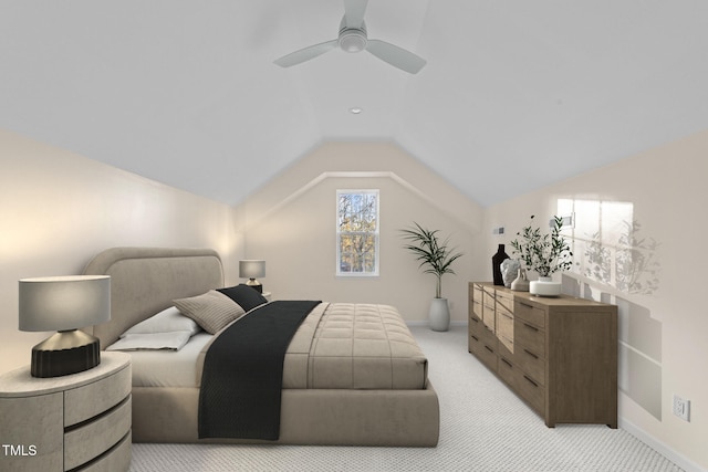 bedroom featuring light carpet, ceiling fan, and lofted ceiling