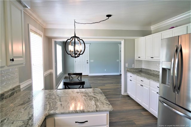 kitchen featuring decorative light fixtures, stainless steel fridge with ice dispenser, white cabinets, and dark hardwood / wood-style flooring