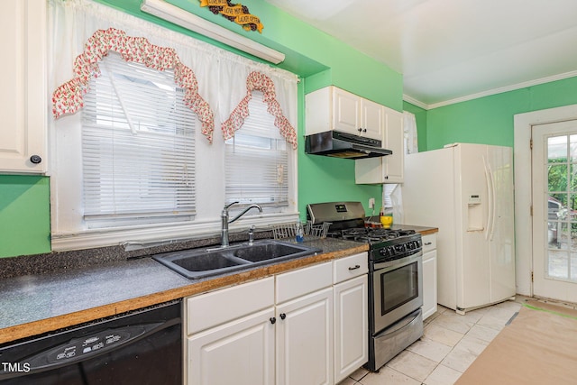 kitchen featuring gas range, dishwasher, a sink, white fridge with ice dispenser, and under cabinet range hood