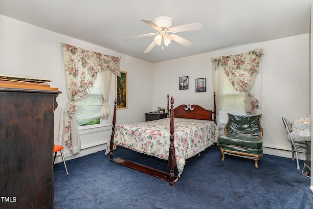 bedroom featuring ceiling fan and carpet