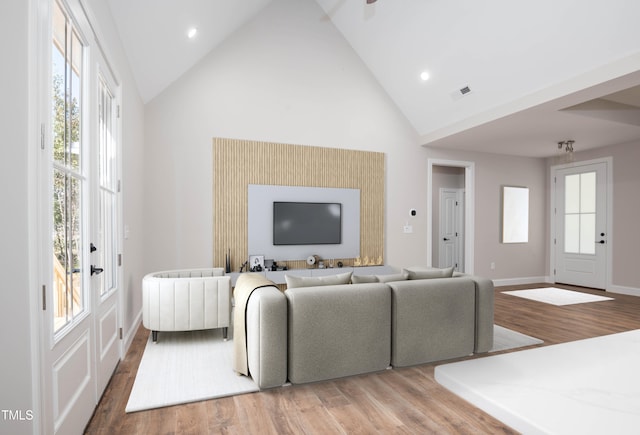 living room featuring hardwood / wood-style flooring and high vaulted ceiling