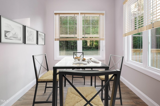 dining space with wood-type flooring and plenty of natural light