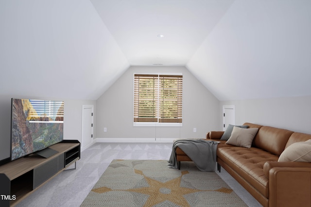 living room featuring vaulted ceiling and light carpet