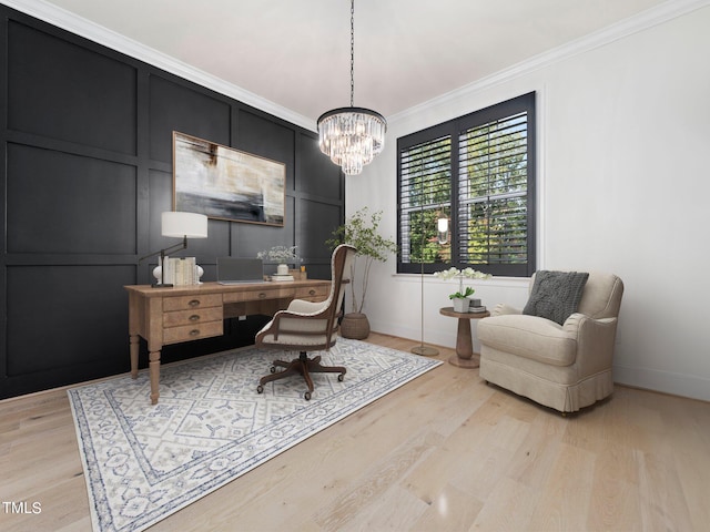 office space with a chandelier, ornamental molding, and light hardwood / wood-style flooring