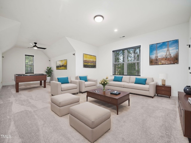 carpeted living room featuring ceiling fan, lofted ceiling, and pool table