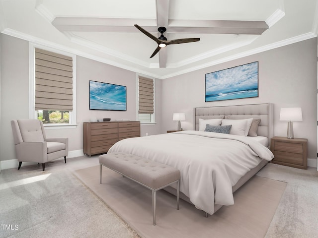 bedroom with beam ceiling, ceiling fan, and light carpet