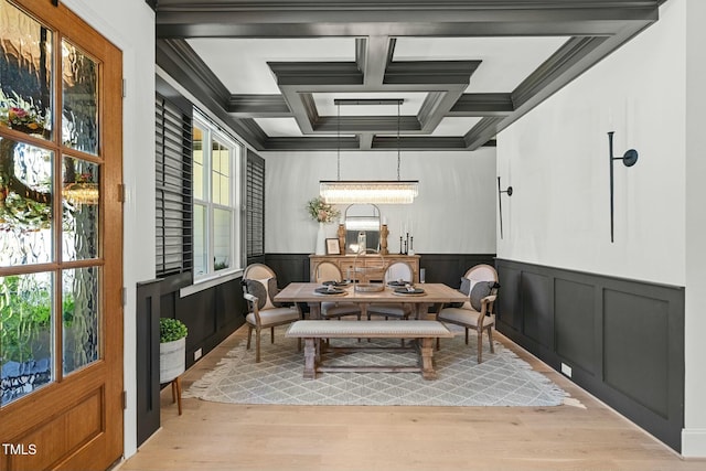 interior space with light wood-type flooring, a wainscoted wall, coffered ceiling, and beamed ceiling