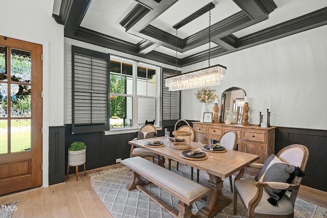 dining space featuring a wainscoted wall, coffered ceiling, beamed ceiling, and wood finished floors