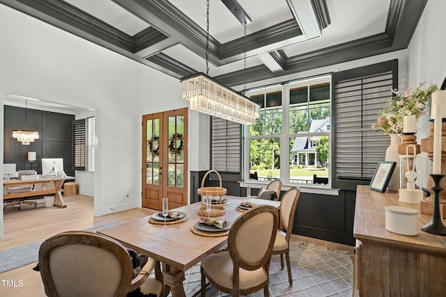 dining room with french doors, an inviting chandelier, ornamental molding, wood finished floors, and coffered ceiling