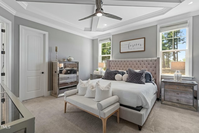 bedroom featuring light carpet, ceiling fan, and crown molding