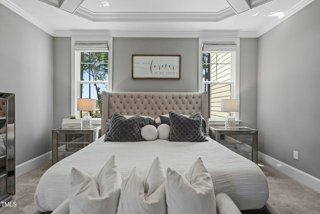 carpeted bedroom with ornamental molding, coffered ceiling, and baseboards