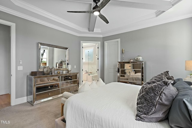 bedroom with light carpet, baseboards, a ceiling fan, ensuite bath, and crown molding