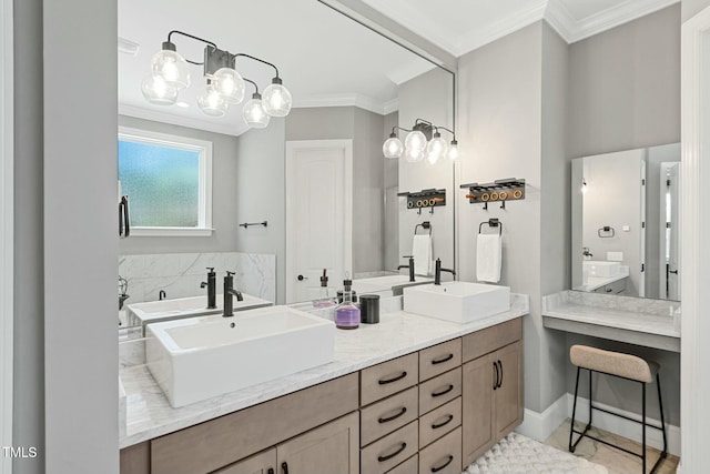 bathroom with double vanity, ornamental molding, and a sink