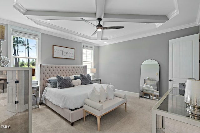 bedroom with arched walkways, light colored carpet, baseboards, ornamental molding, and beamed ceiling