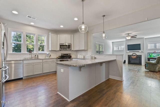 kitchen with white cabinets, appliances with stainless steel finishes, a fireplace, and kitchen peninsula