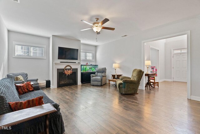 living room with ceiling fan and hardwood / wood-style floors