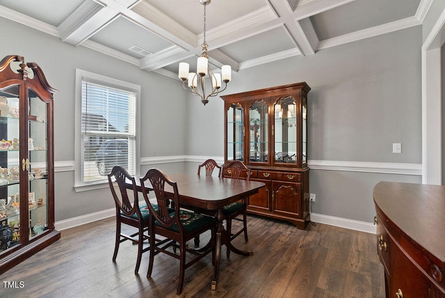 dining room featuring coffered ceiling, beam ceiling, a chandelier, and dark wood-type flooring