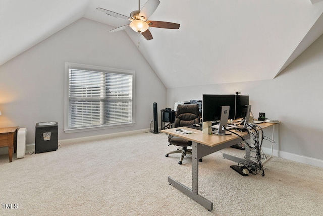 carpeted office featuring ceiling fan and lofted ceiling