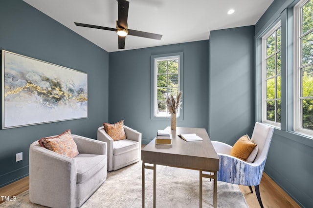 home office with wood finished floors, baseboards, a ceiling fan, and recessed lighting