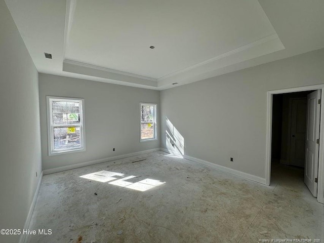 spare room featuring a tray ceiling and ornamental molding