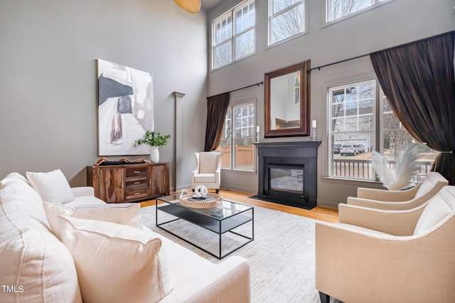 living area featuring wood finished floors, a glass covered fireplace, a high ceiling, and baseboards